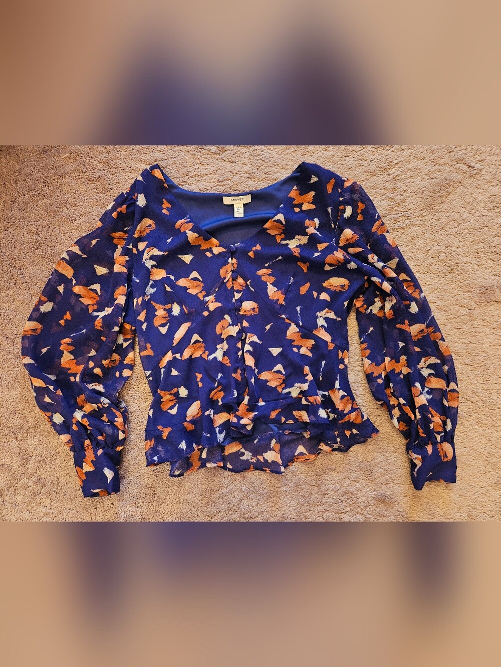 Nine West Navy Blue Floral Ruffle-Hem Blouse